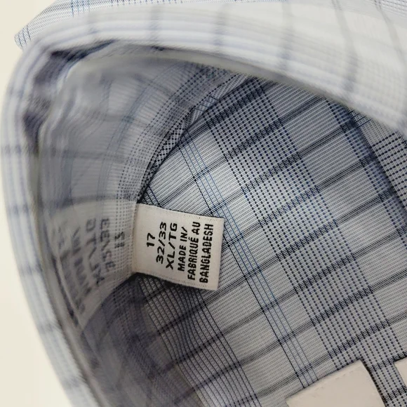 Calvin Klein STEEL+ Slim-Fit Non-Iron Stretch Blue Check Dress Shirt 17 32/33 XL - Picture 7 of 14